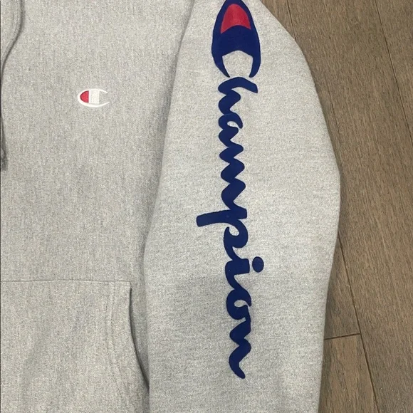 Champion Light Gray Hoodie 😍 Reverse Weave Flock Arm Script  Sweatshirt • Large - Picture 4 of 15